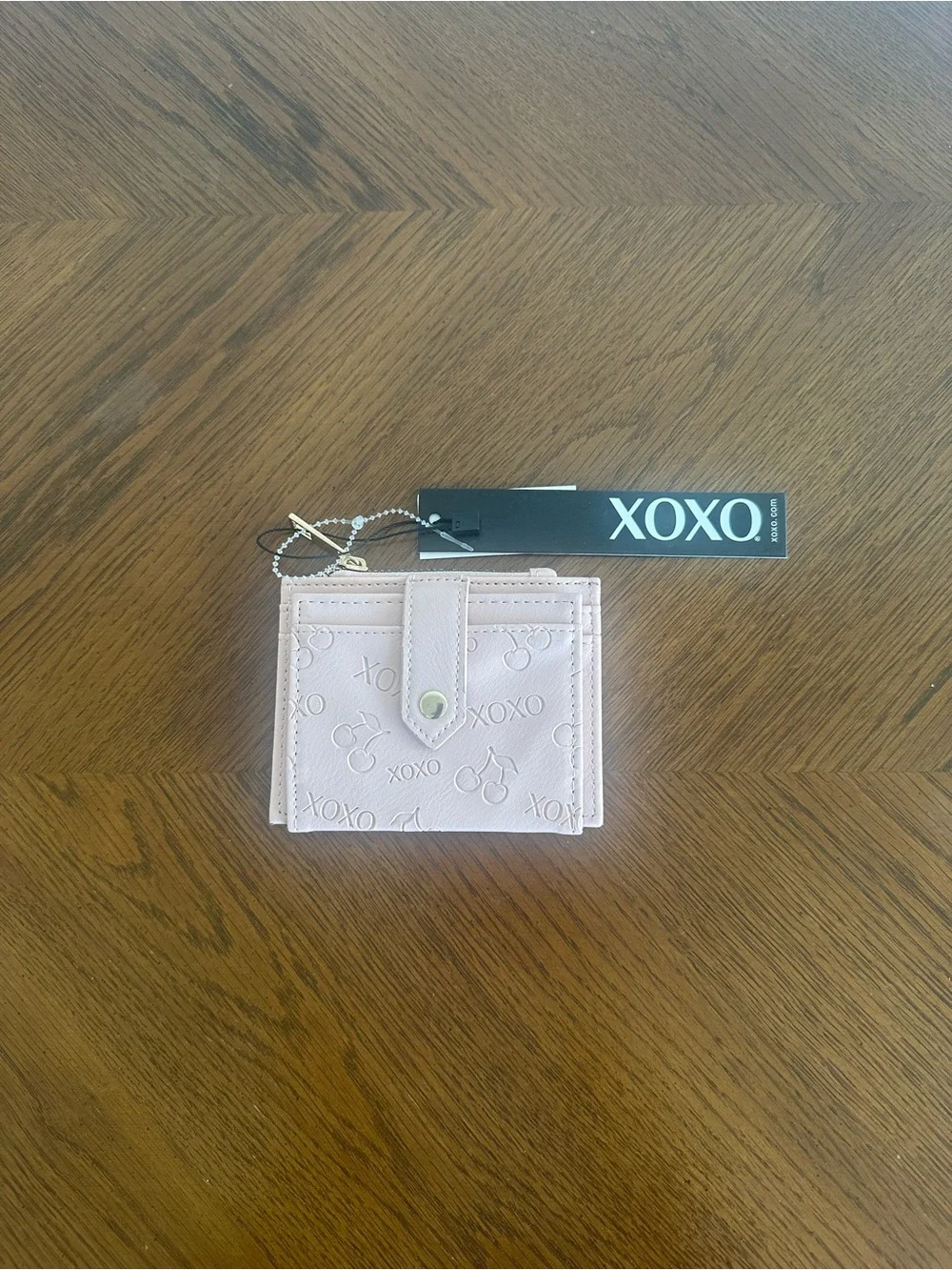 💕XOXO Blush Pink Card Holder – Cherry & XOXO Embossed Design 🍒